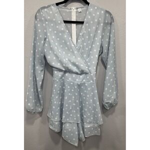 Classic Fashion Shorts Romper SizeSmall Baby Blue Polka Dot Belt Sheer Zip Long